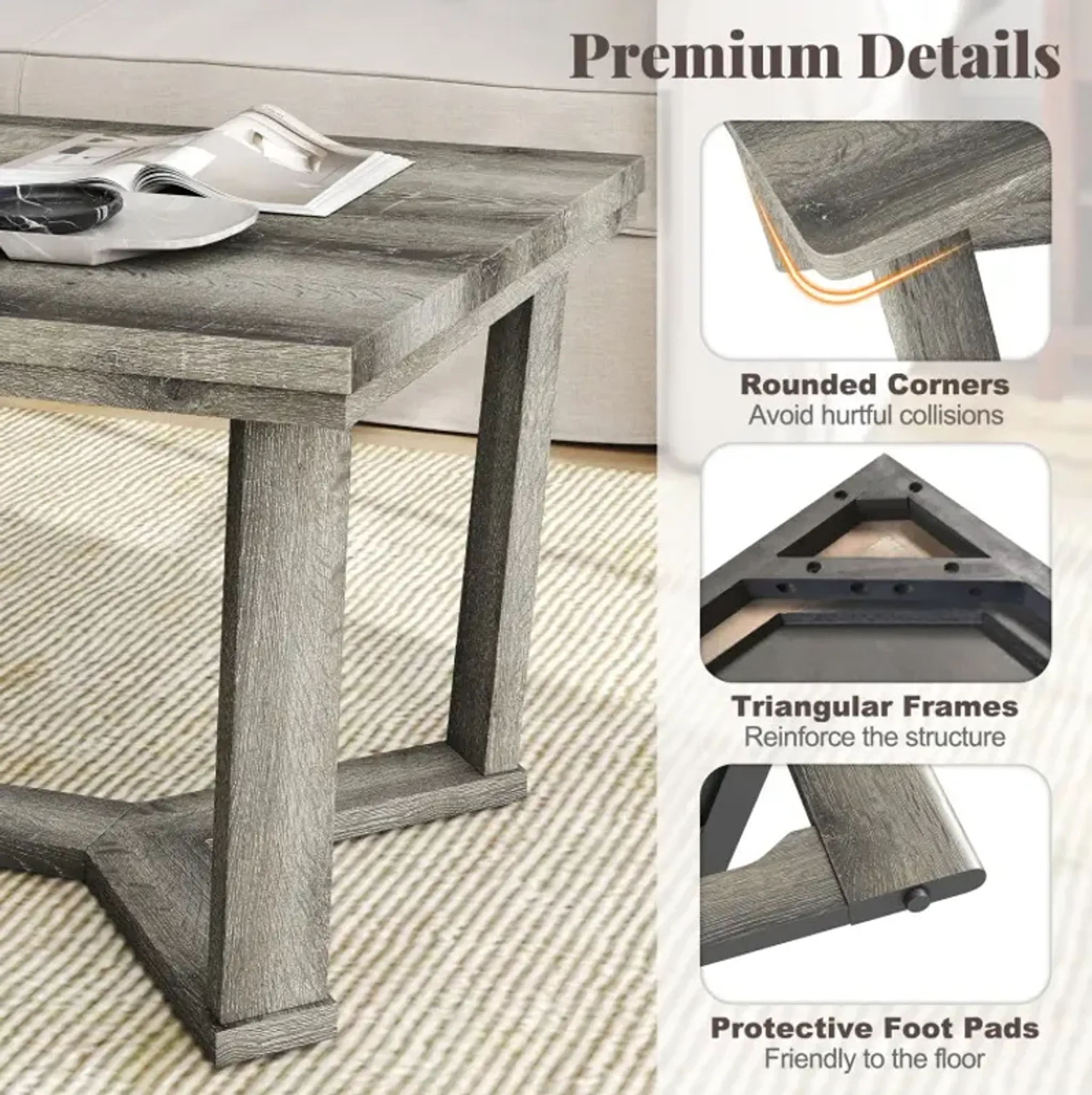Rectangle Coffee Table Rubber Wood Base With Cross Shaped Base Costway ...