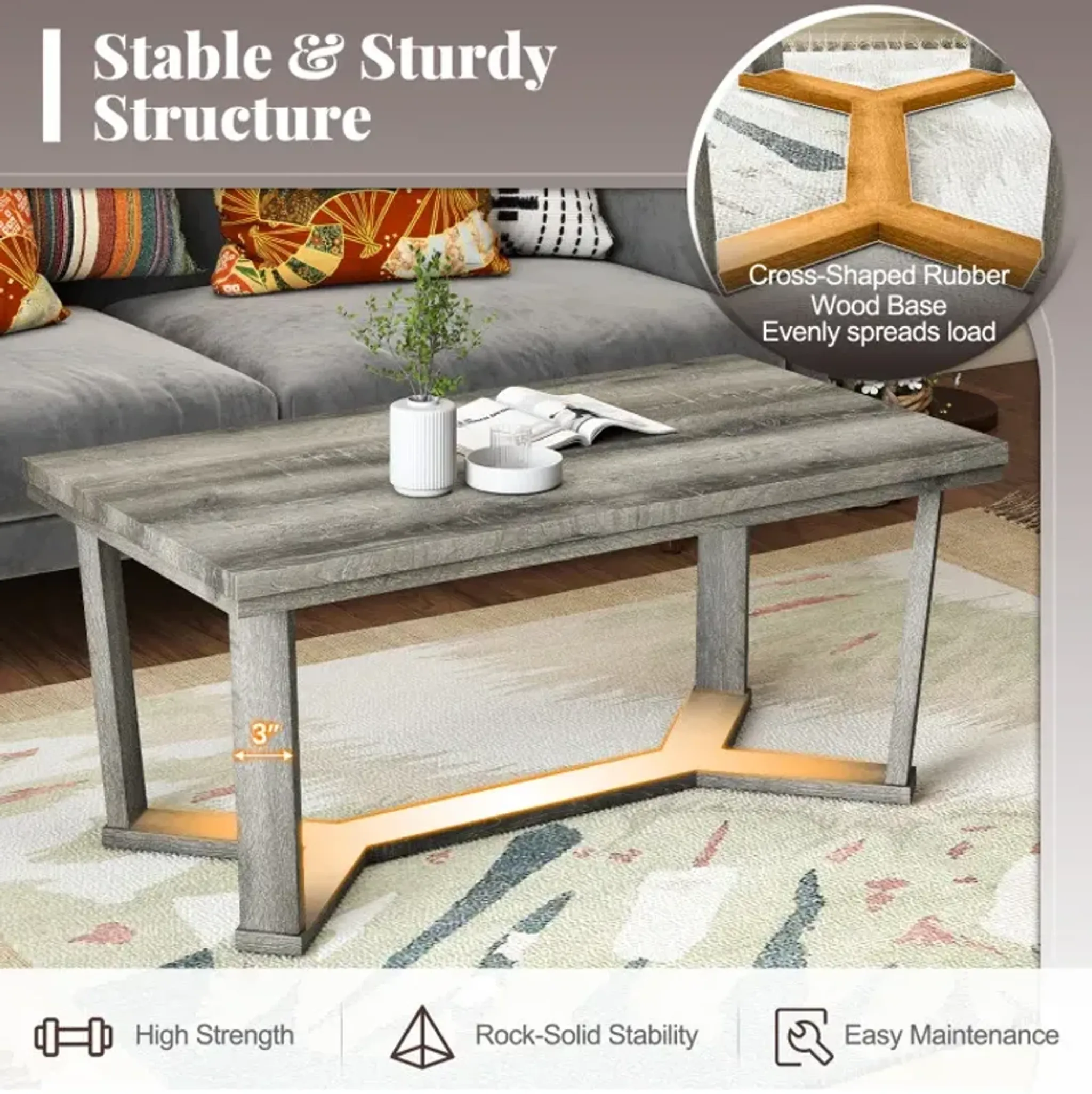 Rectangle Coffee Table Rubber Wood Base With Cross Shaped Base Costway ...
