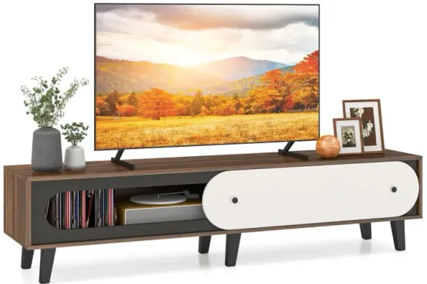 TV Stand for 80 Inch TVs Mid Century Modern Entertainment Center with Sliding Door Cabinet