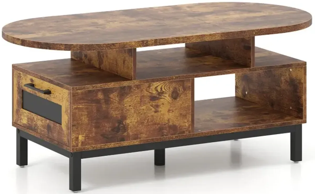 47 Inch Oval Coffee Table with Storage and Open Compartments for Living Room