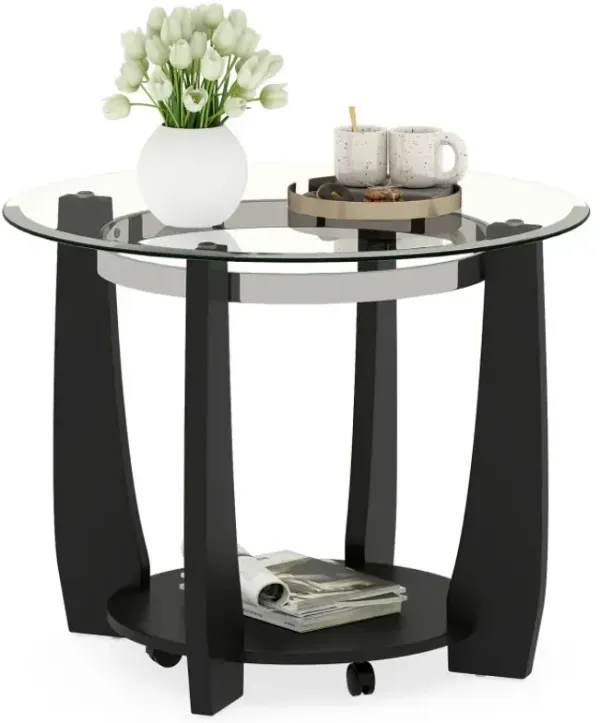 32" 2-Tier Glass Round Coffee Table with Storage Shelf