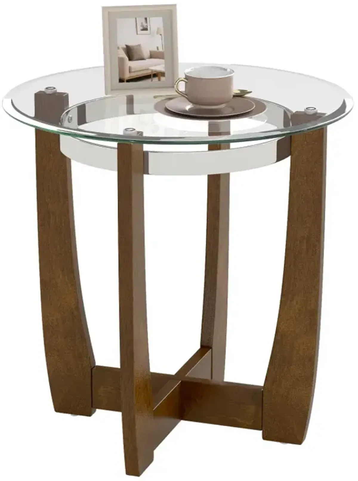 24 Inches Round Side Table with Tempered Glass Top and Solid Rubber Wood Base