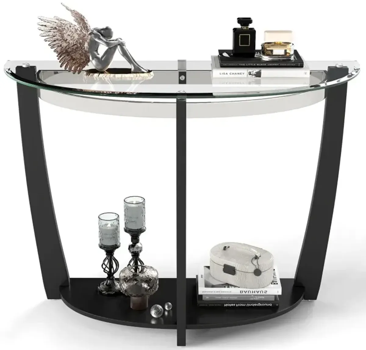2-tier Tempered Glass Console Table with Clear Glass Top and Open Shelf