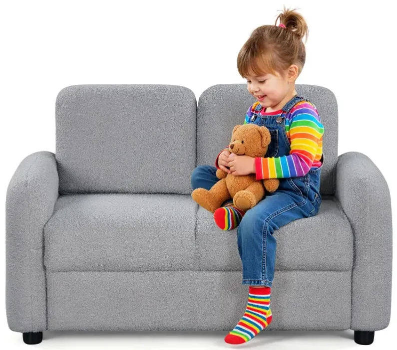 2-Seat Kids Sofa Toddler Sofa Couch with Soft Teddy Fleece Upholstery and Solid Wooden Frame