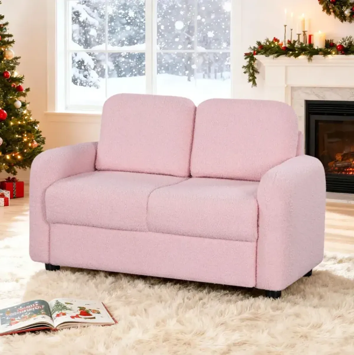 2-Seat Kids Sofa Toddler Sofa Couch with Soft Teddy Fleece Upholstery and Solid Wooden Frame