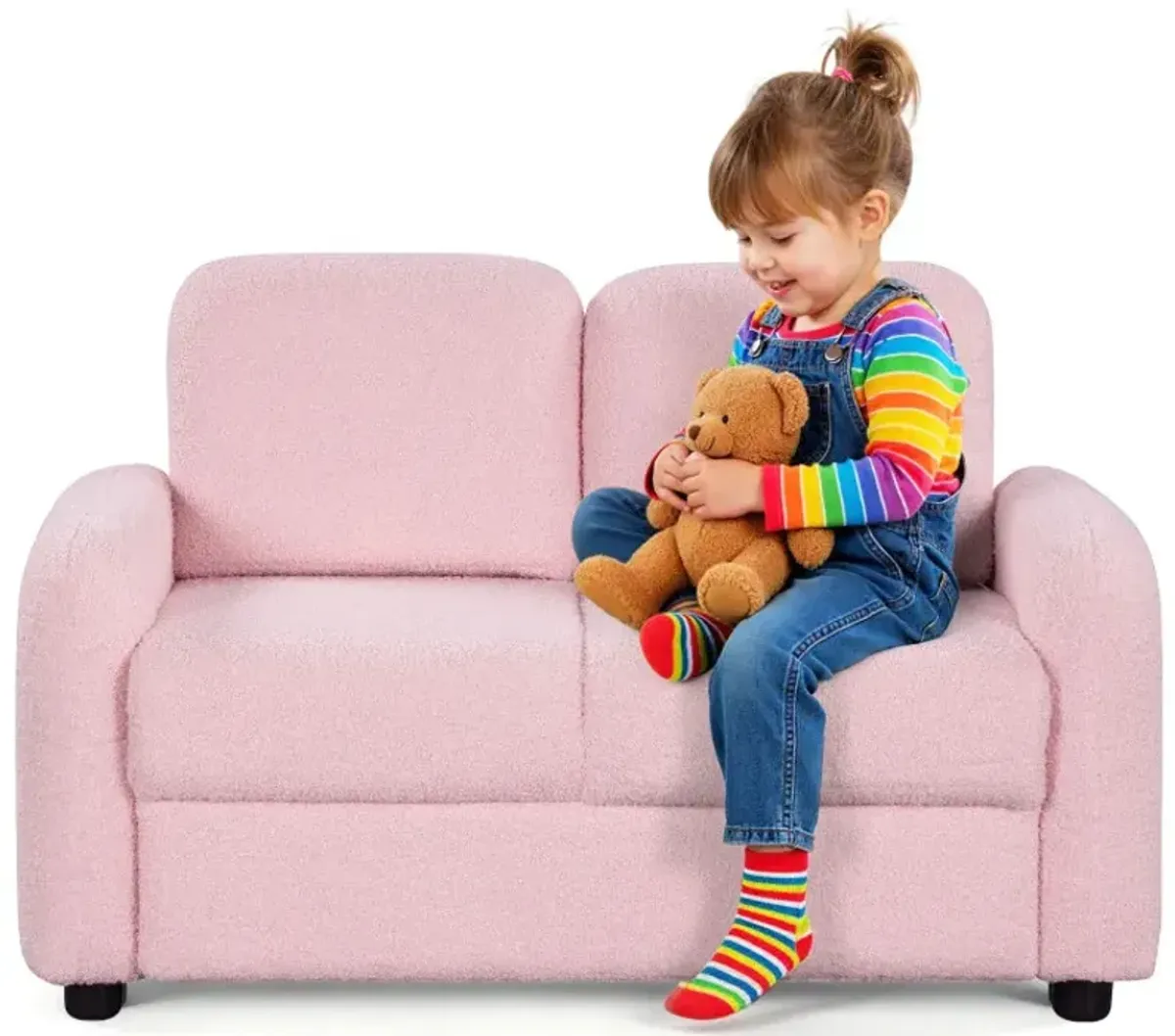 2-Seat Kids Sofa Toddler Sofa Couch with Soft Teddy Fleece Upholstery and Solid Wooden Frame