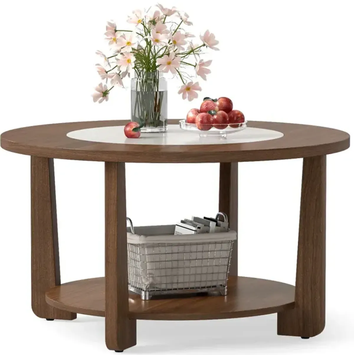 Farmhouse Accent Round Coffee Table with 2-Tone Tabletop and Open Storage Shelf for Living Room