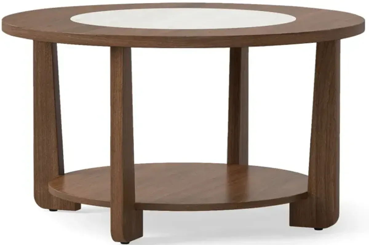 Farmhouse Accent Round Coffee Table with 2-Tone Tabletop and Open Storage Shelf for Living Room