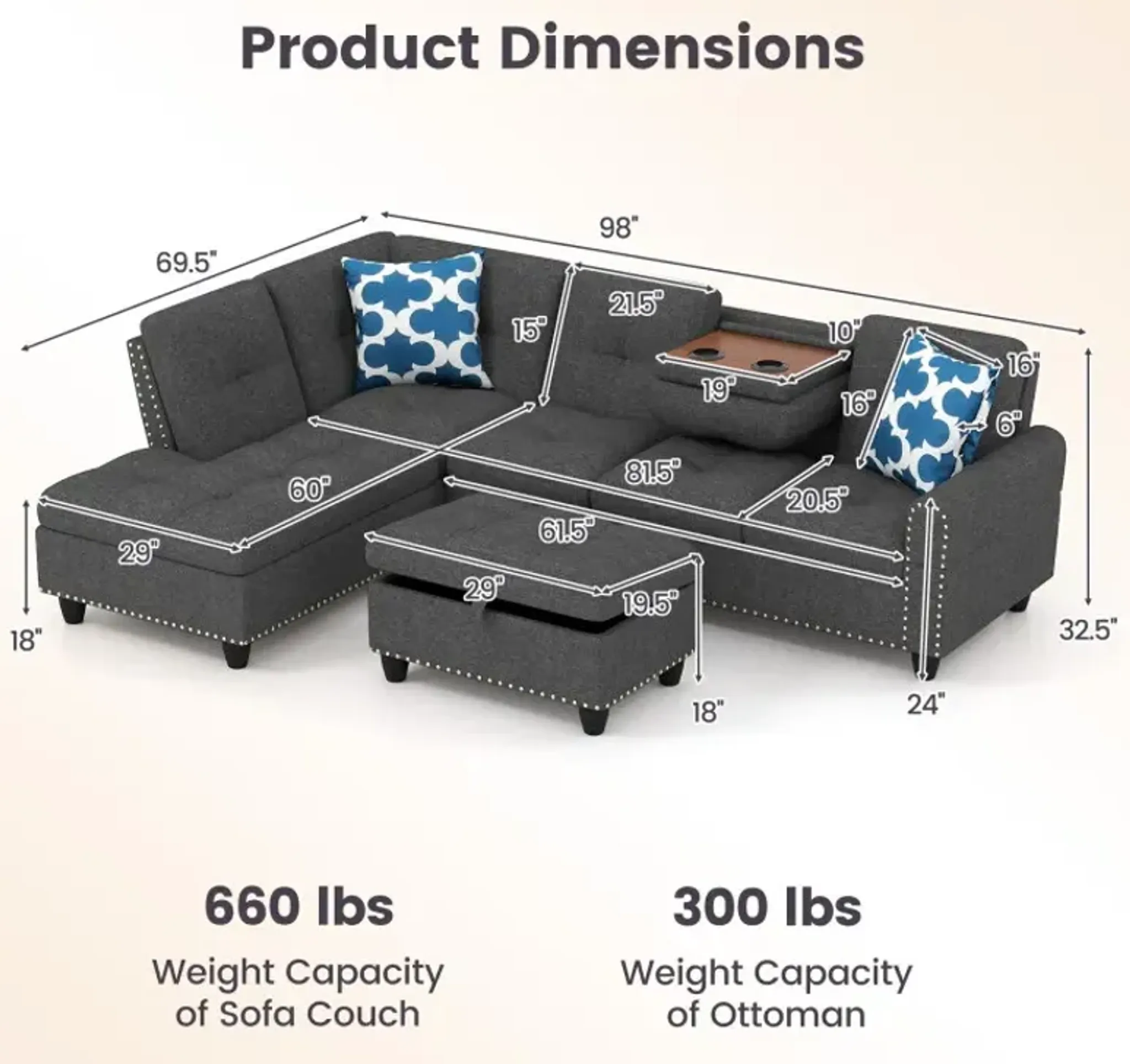 98 Inches Sectional Sofa Couch with Movable Storage Ottoman and Linen ...