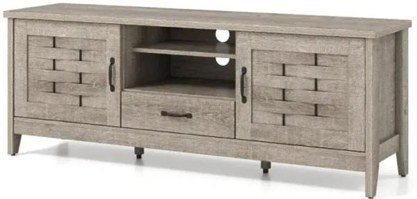 Farmhouse TV Stand for 65 Inch TVs with 2 Woven Accent Doors and 3 Adjustable Shelves