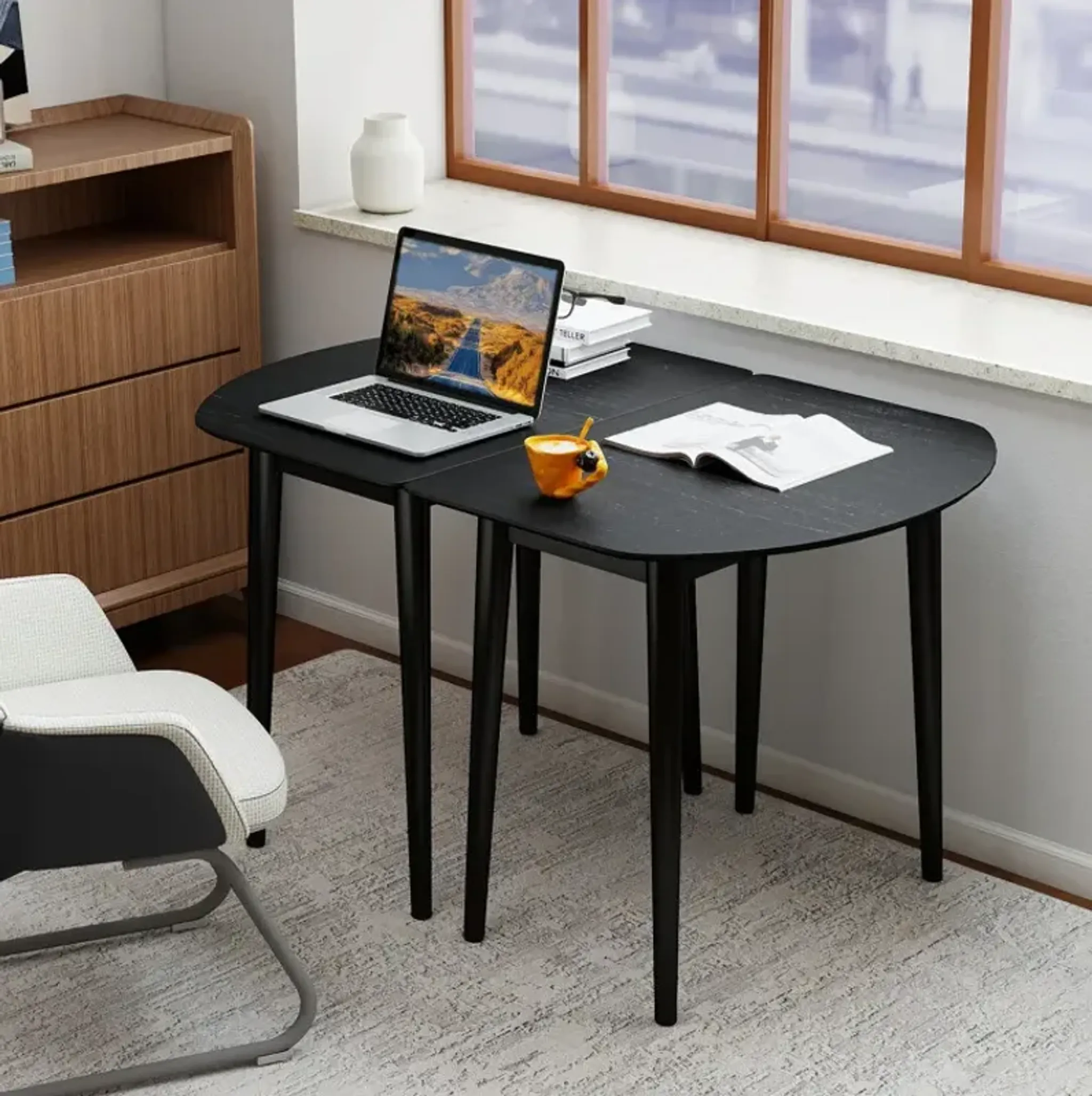 Extendable Dining Table Set With 2 Half Round And 1 Rectangular Tables ...