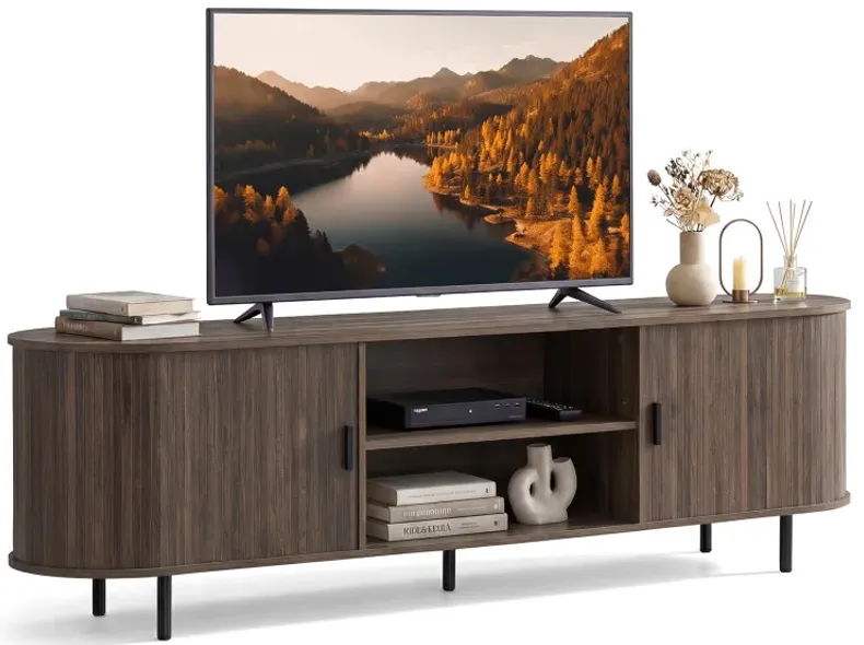 TV Stand for 80 Inch TVs Mid Century Modern Entertainment Center with Fluted Sliding Doors