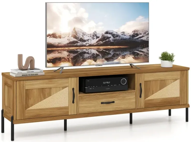 Rattan TV Stand for TVs up to 80" Mid Century Modern Media Console Table with 2 Storage Cabinets