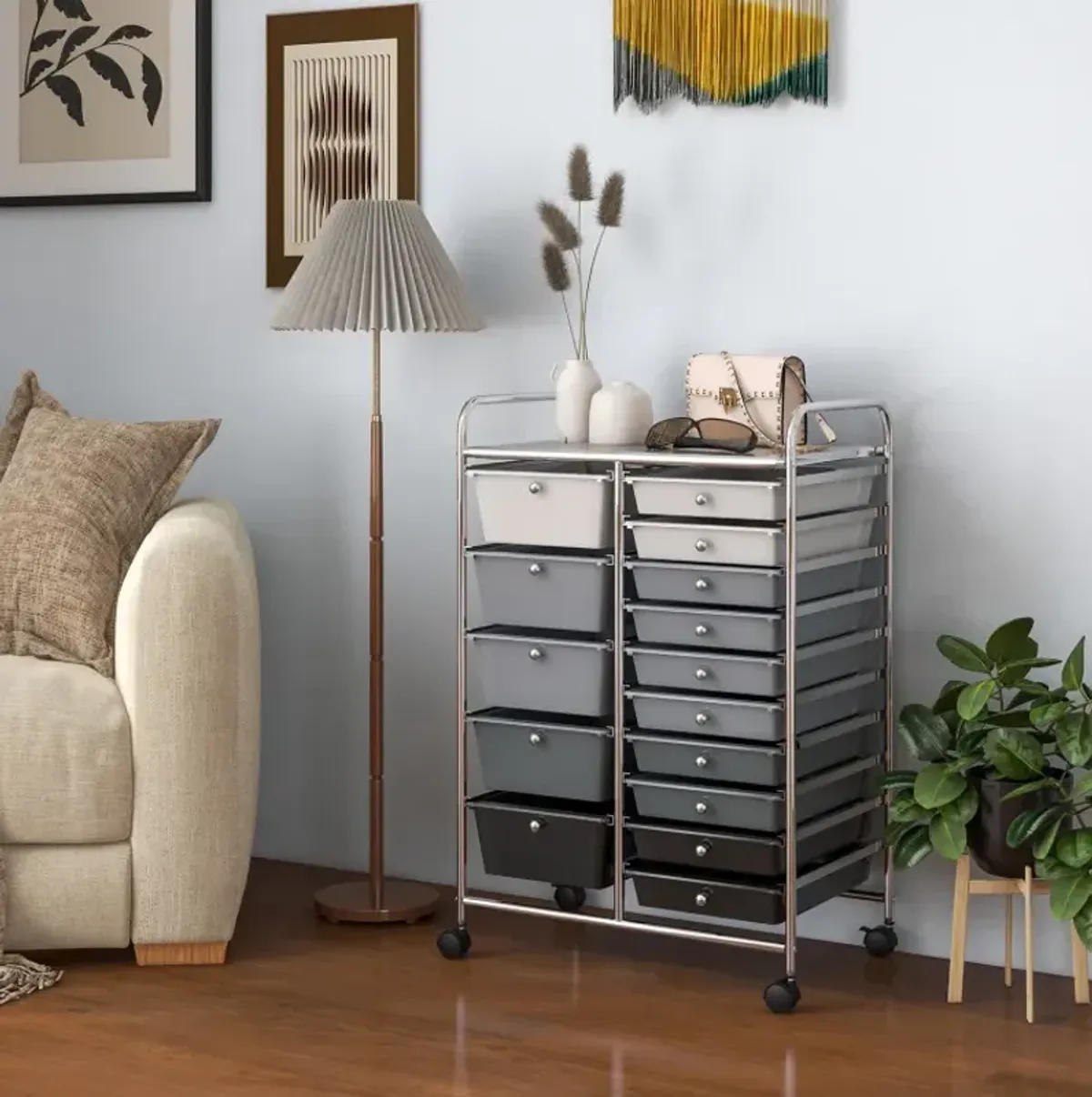 15-Drawer Utility Rolling Cart with Drawers Multi-Use Storage