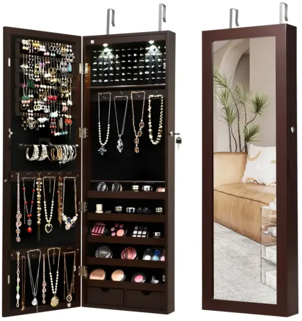 Lockable Wall Mount Mirrored Jewelry Cabinet with LED Lights