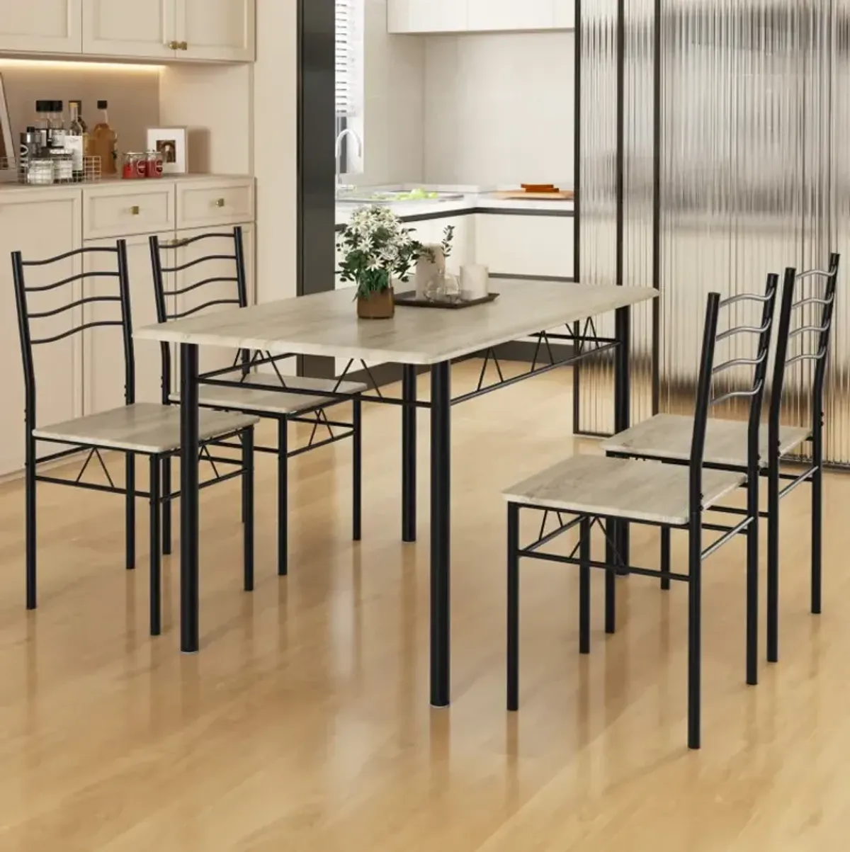 5 Pieces Wood Metal Dining Table Set with 4 Chairs