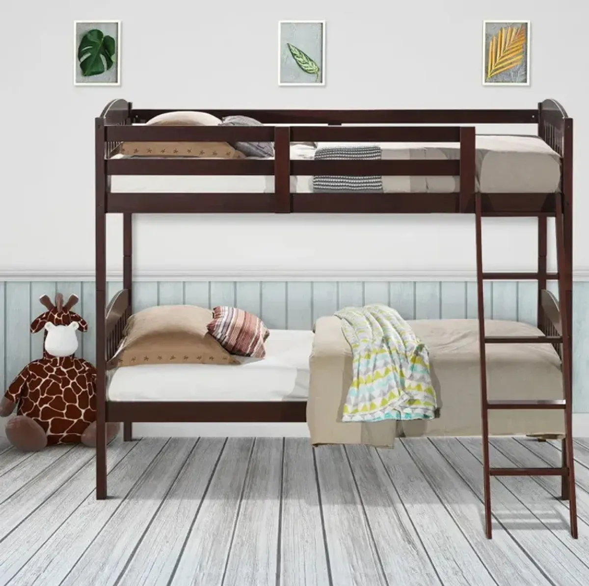 Hardwood Twin Bunk Beds with Inclined Ladder and Safety Guardrails