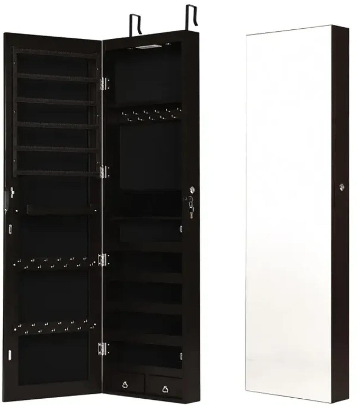 Wall and Door Mounted Mirrored Jewelry Cabinet with Lights