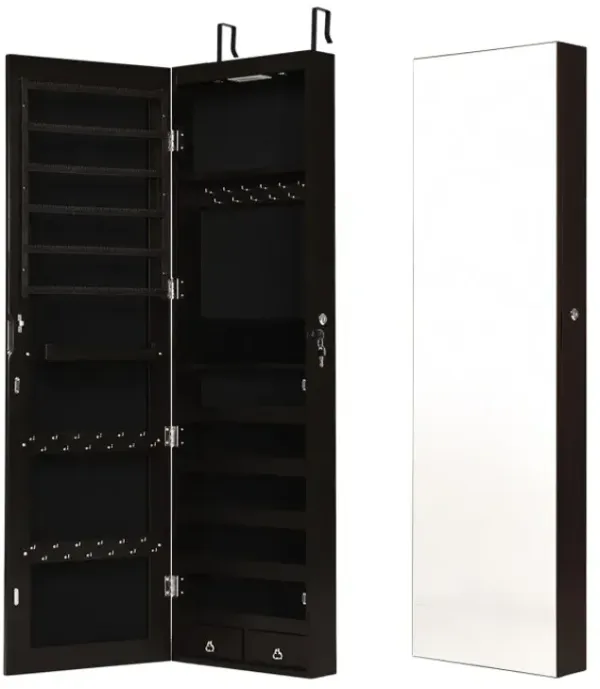 Wall and Door Mounted Mirrored Jewelry Cabinet with Lights
