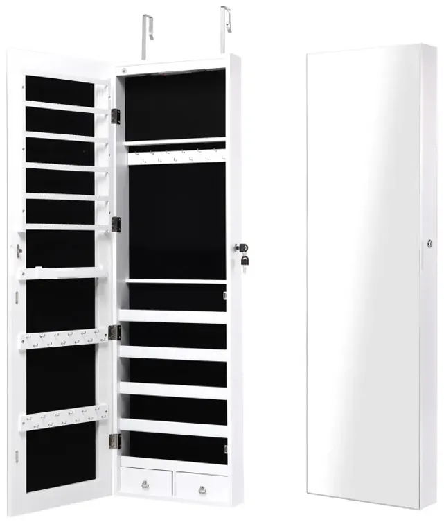Wall and Door Mounted Mirrored Jewelry Cabinet with Lights