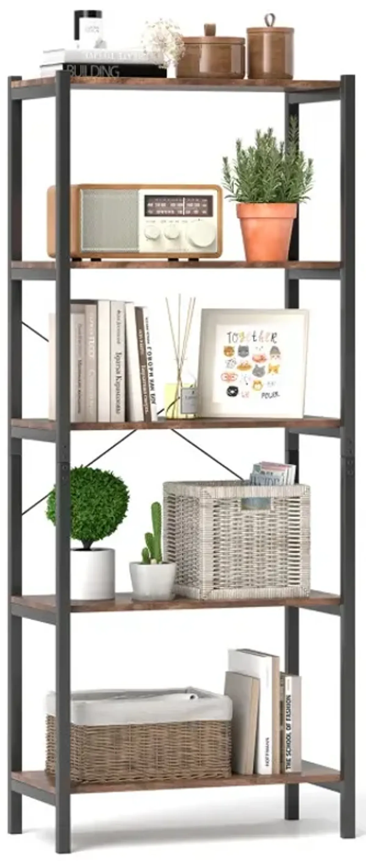 5-Tier Industrial Bookshelf Display Storage Rack with Metal Frame