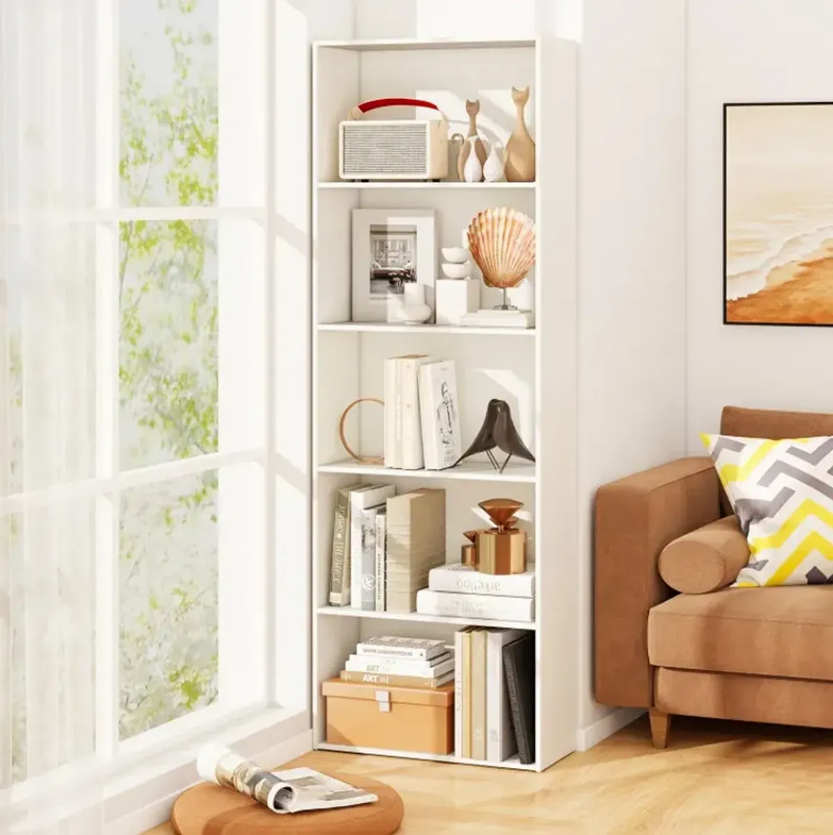 23.5 x 9.5 x 67 Inch 5-Shelf Multi-Functional Wood Bookcase for Home Office