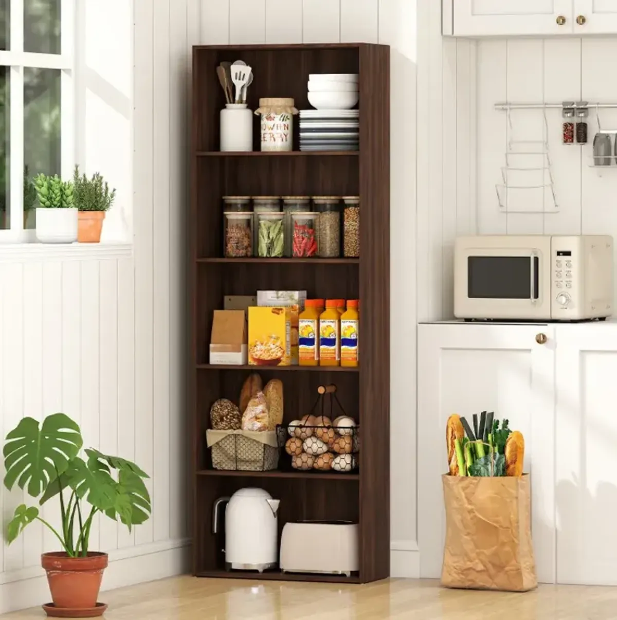 23.5 x 9.5 x 67 Inch 5-Shelf Multi-Functional Wood Bookcase for Home Office