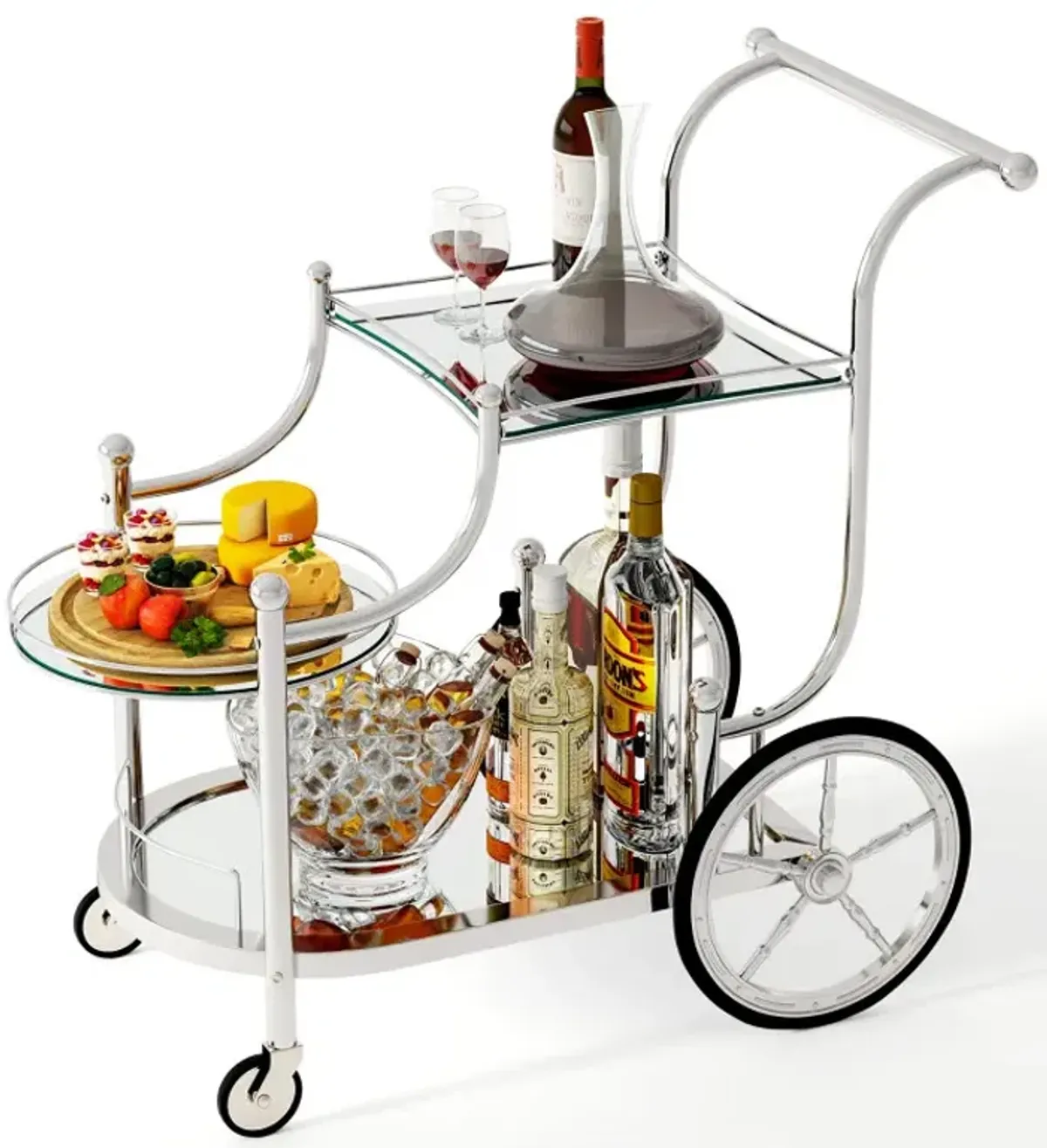 3-Tier Home Bar Serving Cart on Wheels with Mirrored Shelves