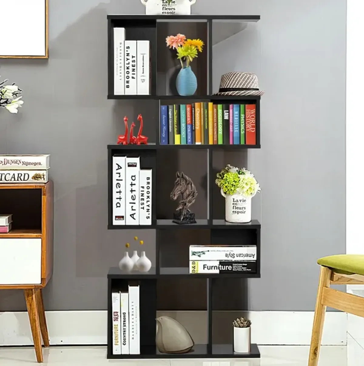 5-Tier Wood Geometric Bookshelf with S Shaped Design