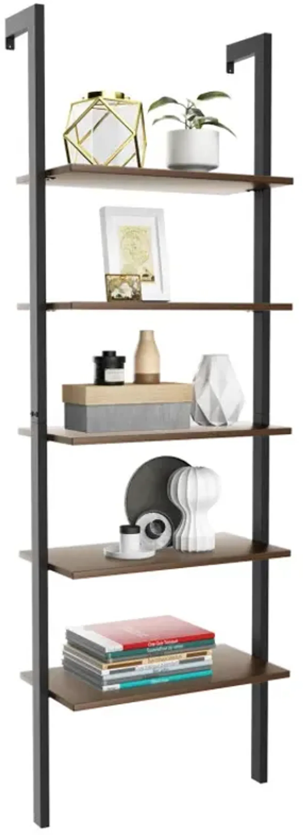 5-Tier Wood Look Ladder Shelf with Metal Frame for Home