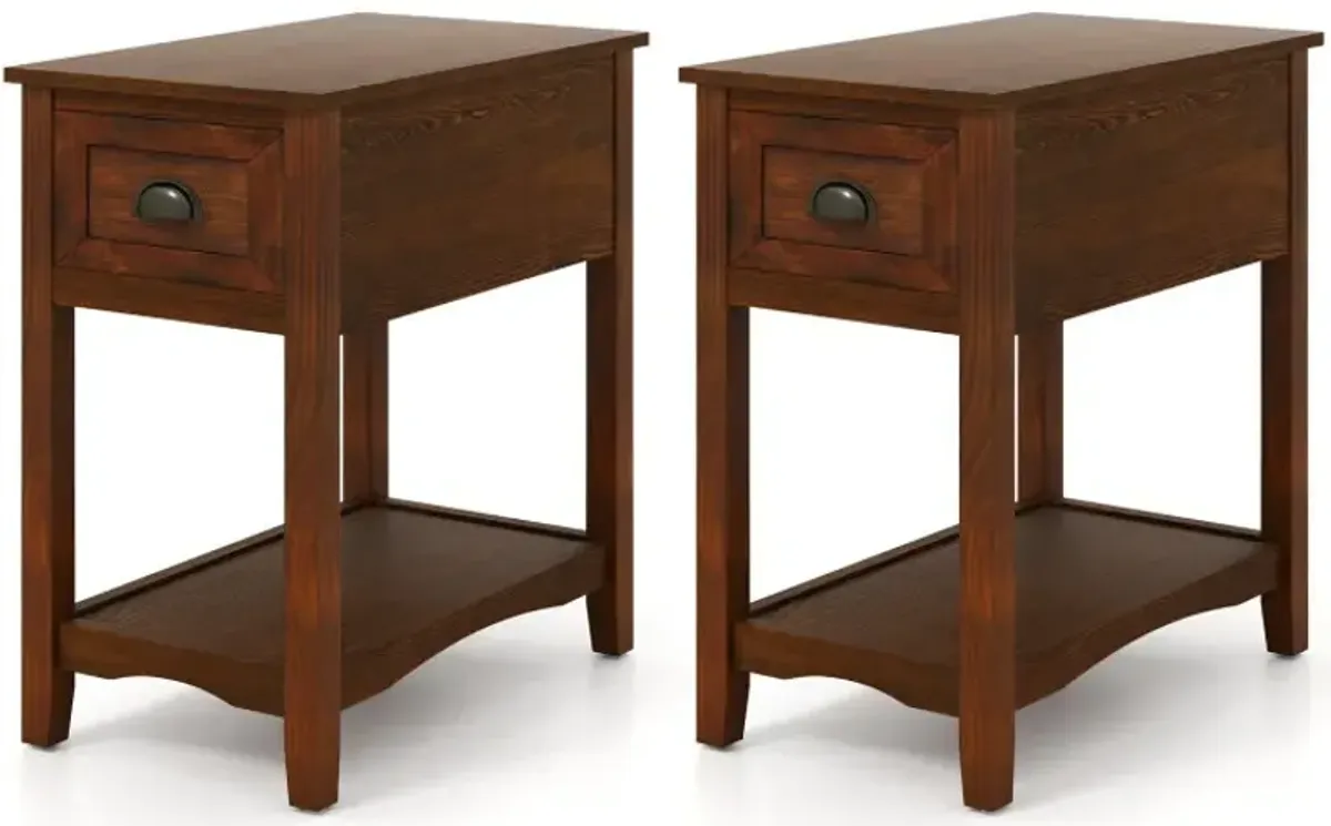 2 Pieces Retro Narrow Tiered End Table with Drawer and Storing Shelf