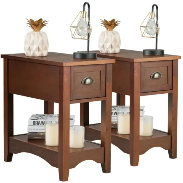 2 Pieces Retro Narrow Tiered End Table with Drawer and Storing Shelf
