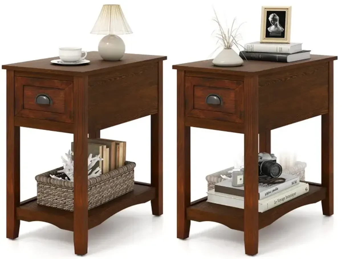 2 Pieces Retro Narrow Tiered End Table with Drawer and Storing Shelf