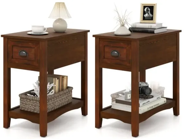 2 Pieces Retro Narrow Tiered End Table with Drawer and Storing Shelf