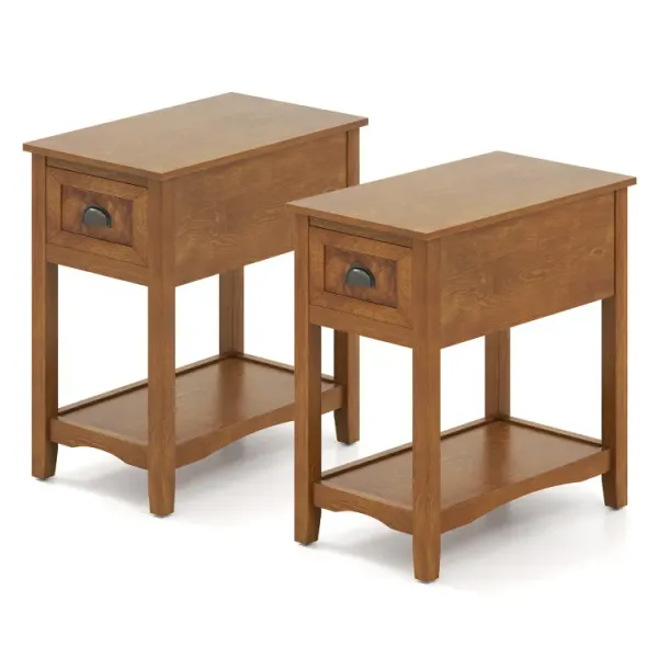 2 Pieces Retro Narrow Tiered End Table with Drawer and Storing Shelf