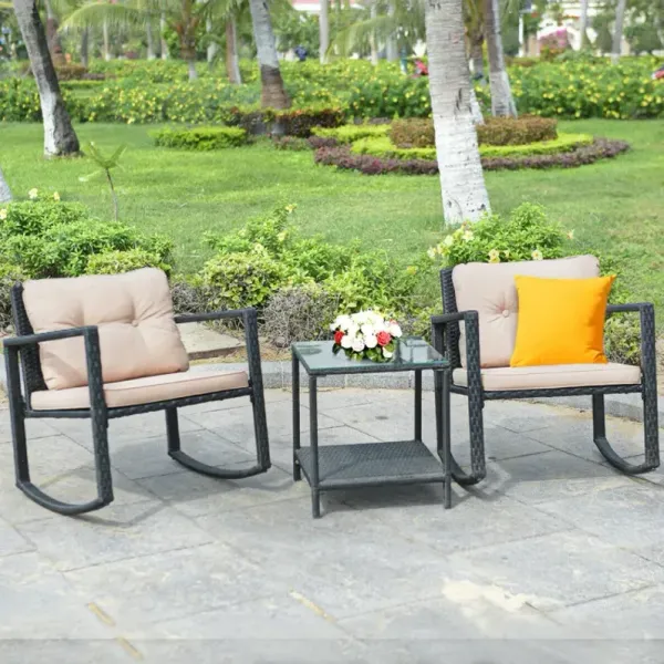 3 Pieces Cushioned Patio Rattan Set with Rocking Chair and Table