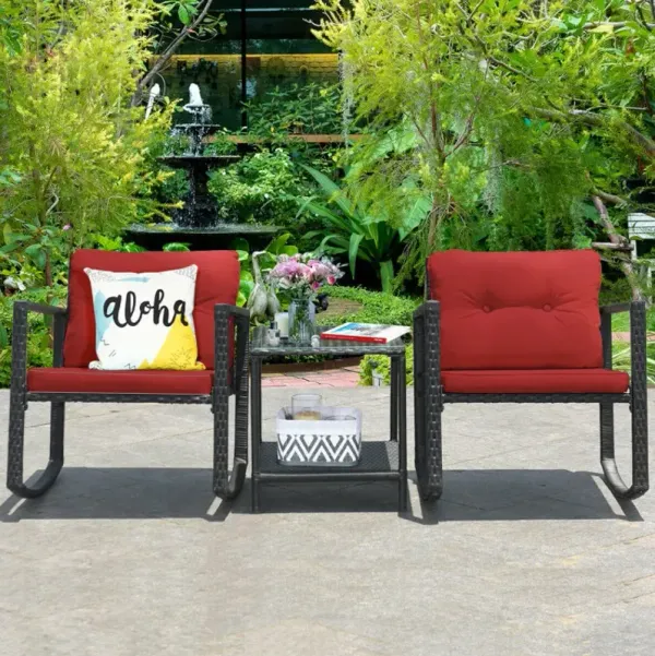 3 Pieces Cushioned Patio Rattan Set with Rocking Chair and Table