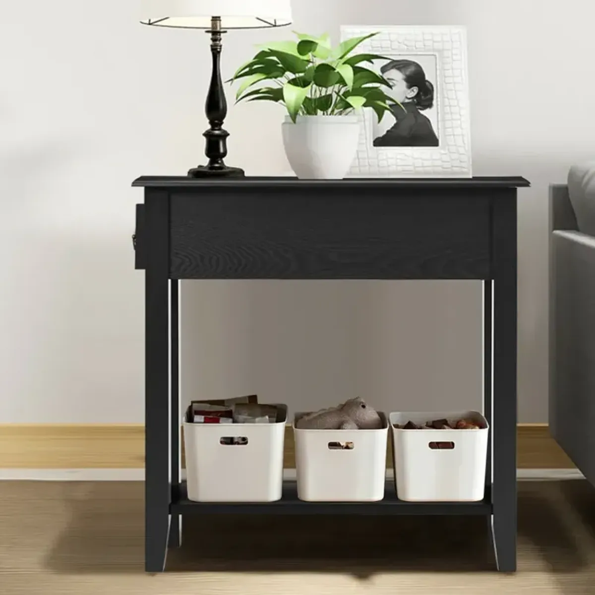 2 Tier End Bedside Sofa Side Table Narrow Nightstand