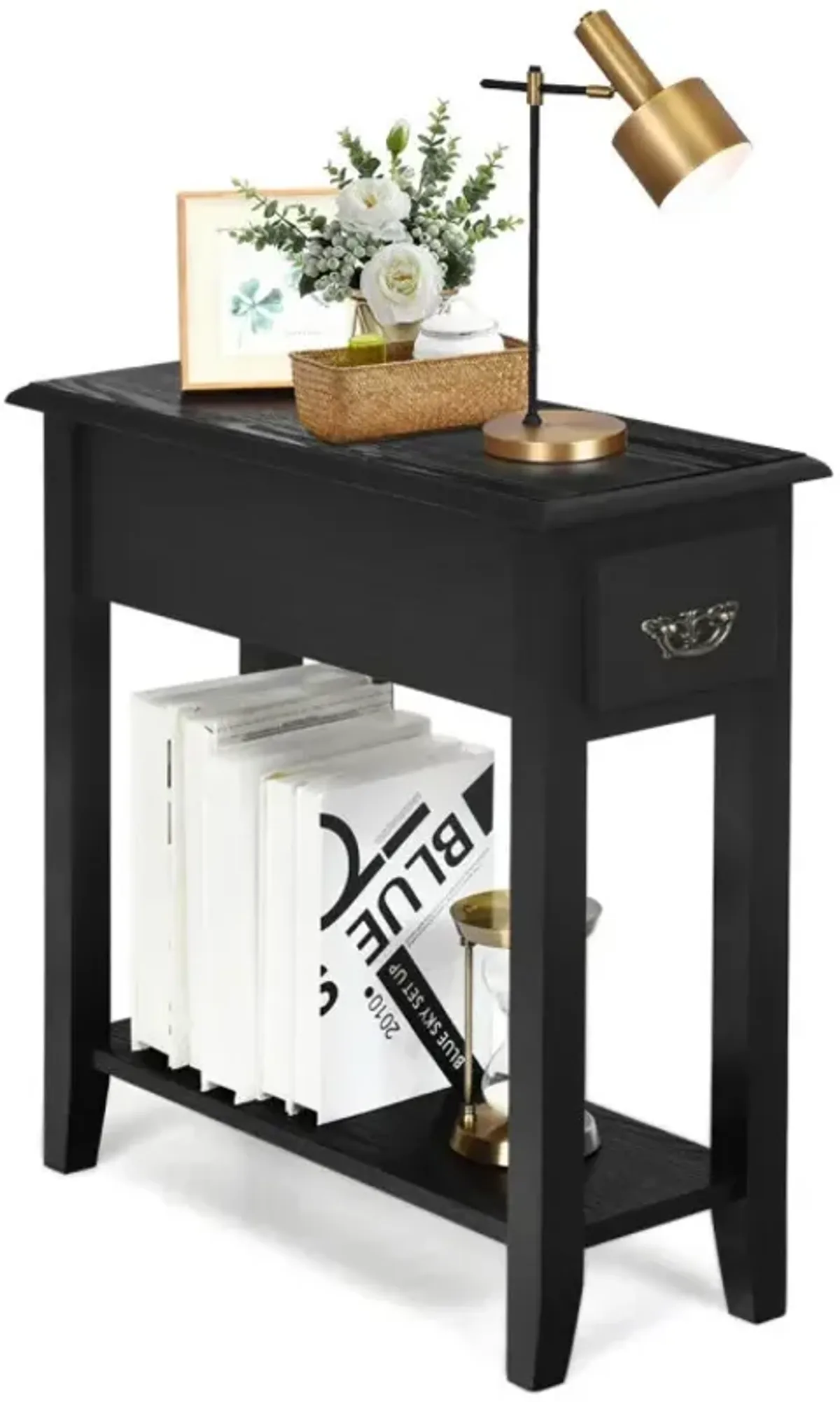 2 Pieces 2 Tier Sofa Side End Table with Drawer and Open Shelf