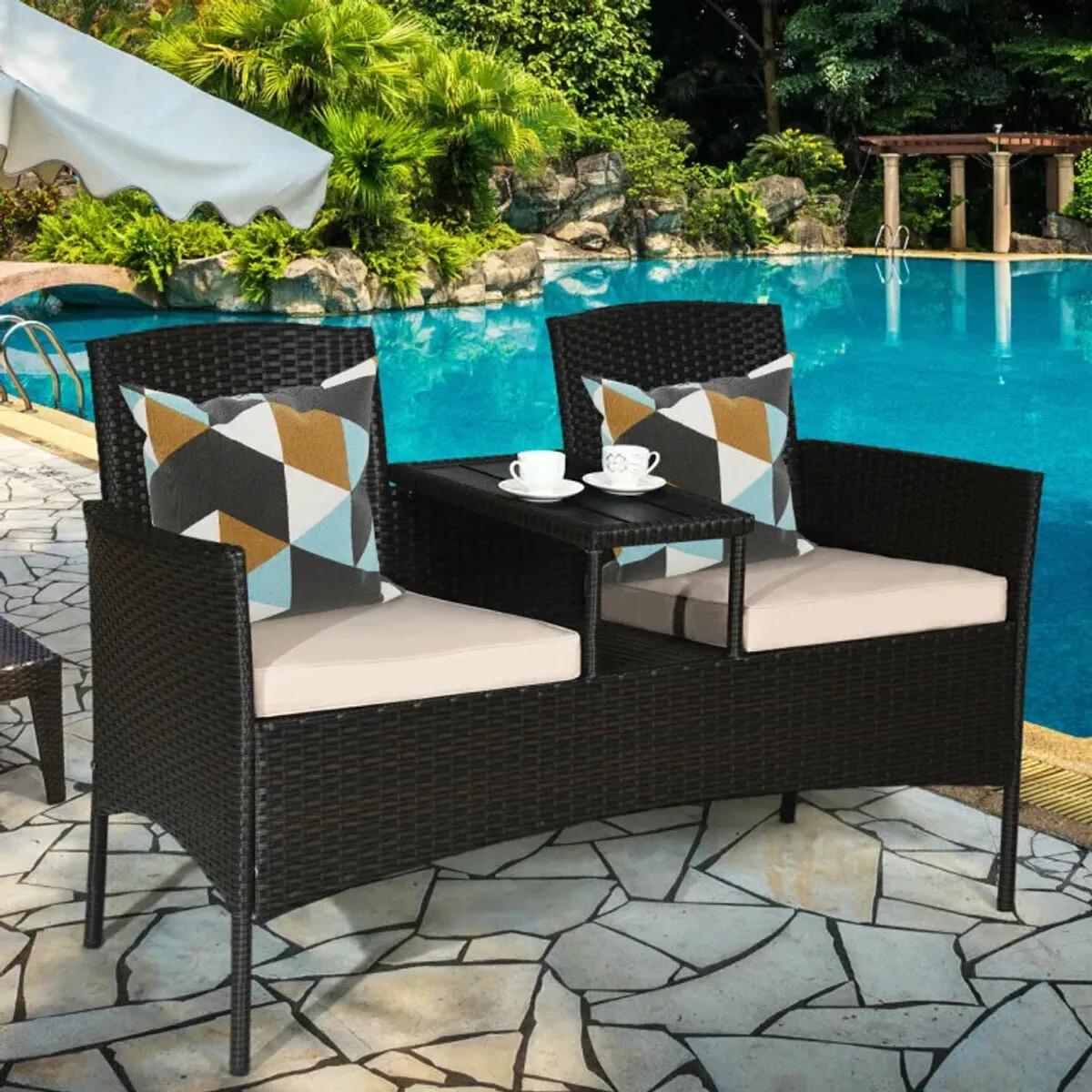 Patented Modern Patio Set with Built-in Coffee Table and Cushions