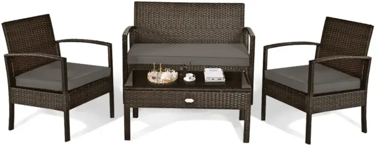 4 Pieces Patio Rattan Cushioned Furniture Set with Loveseat and Table