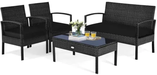 4 Pieces Patio Rattan Cushioned Furniture Set with Loveseat and Table