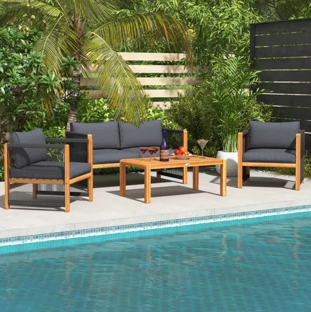 4 Pieces Acacia Wood Sofa Set with Cushions for Outdoor Patio