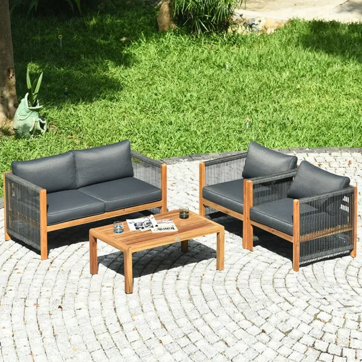 4 Pieces Acacia Wood Sofa Set with Cushions for Outdoor Patio