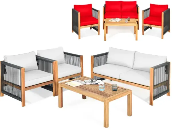 4 Pieces Wood Outdoor Patio Furniture Set with Cushions for Garden