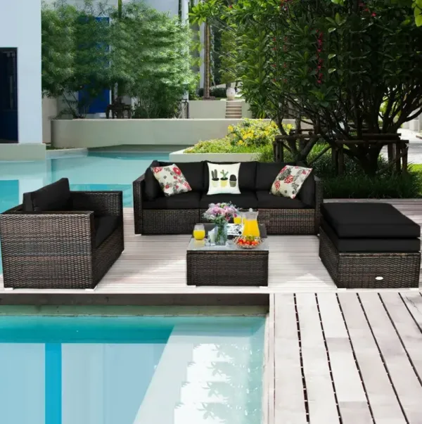 6 Pieces Patio Rattan Furniture Set with Sectional Cushion