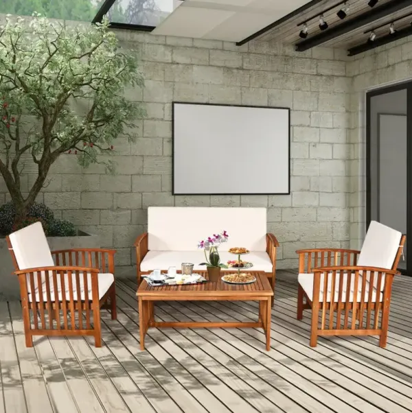 4 Pieces Patio Solid Wood Furniture Set with Water Resistant Cushions