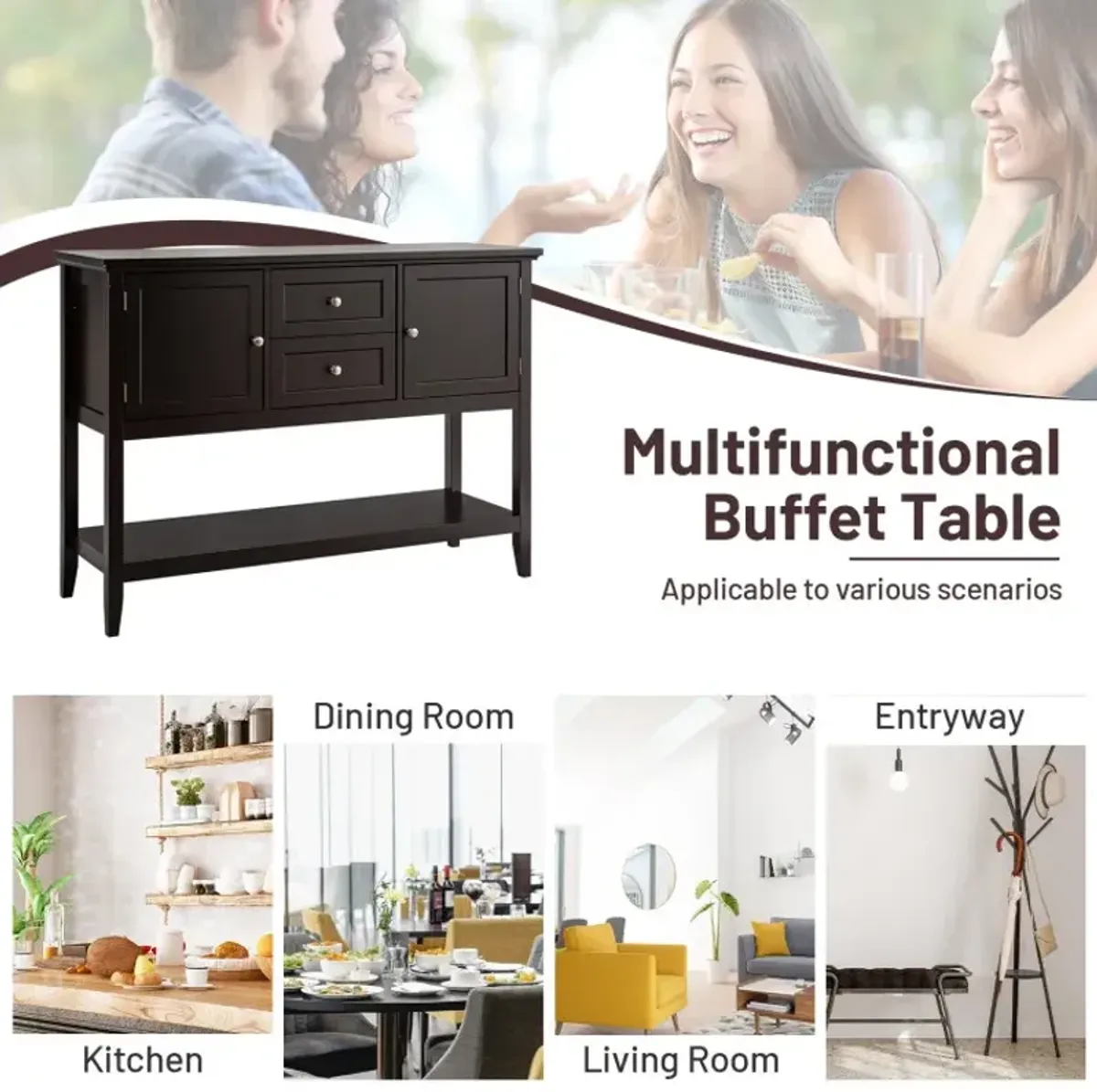 Wooden Sideboard Buffet Console Table with Drawers and Storage