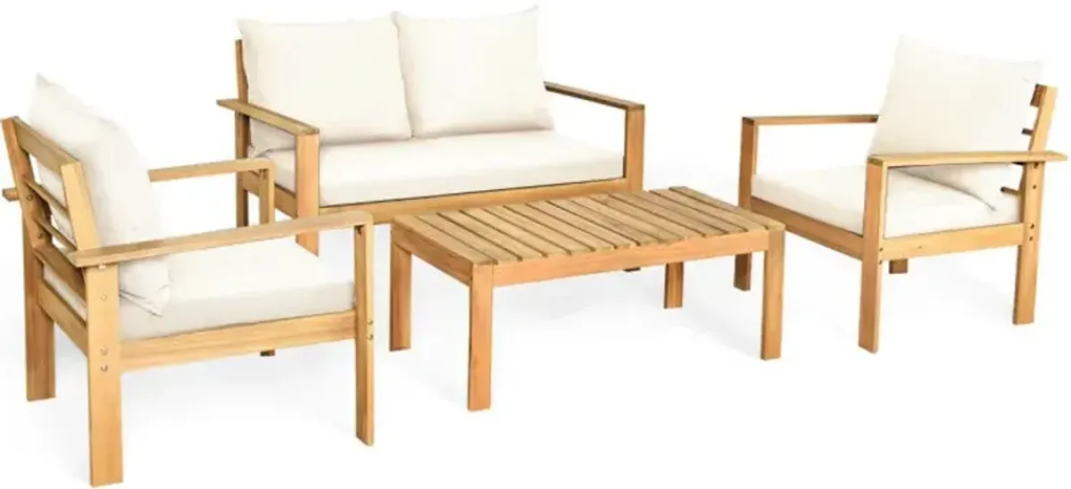 Outdoor 4 Pieces Acacia Wood Chat Set with Water Resistant Cushions