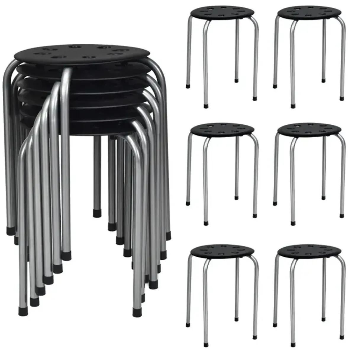 17.5 Inch Set of 6 Portable Plastic Stack Stools with Metal Frame